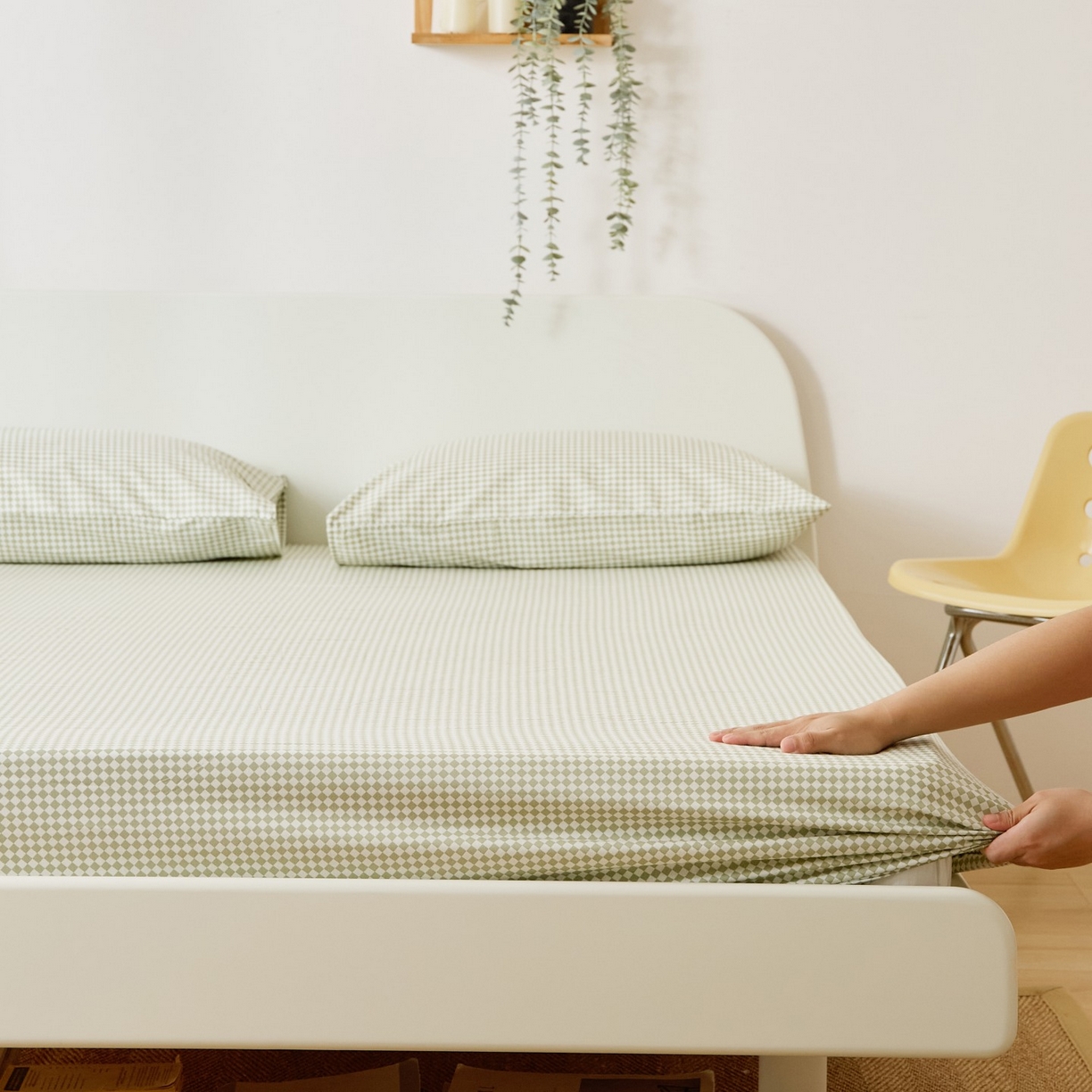 91家纺网 家纺一手货源 找家纺 EH家居 2025新款全棉小清新印花单床笠-织光系列 青色小格