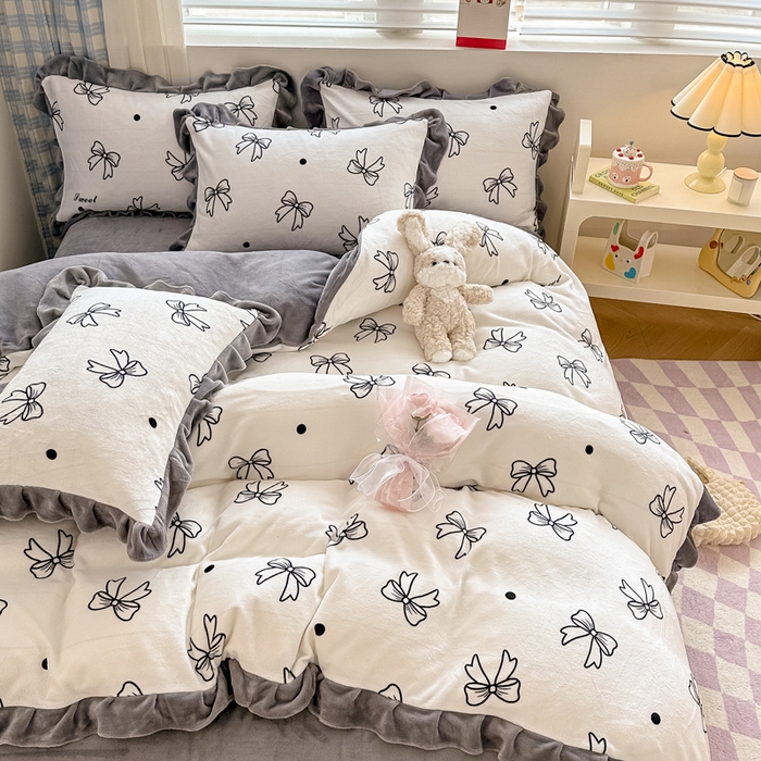 91家纺网 家纺一手货源 找家纺 懒猫家纺 2025新款韩版牛奶绒四件套 蝴蝶结