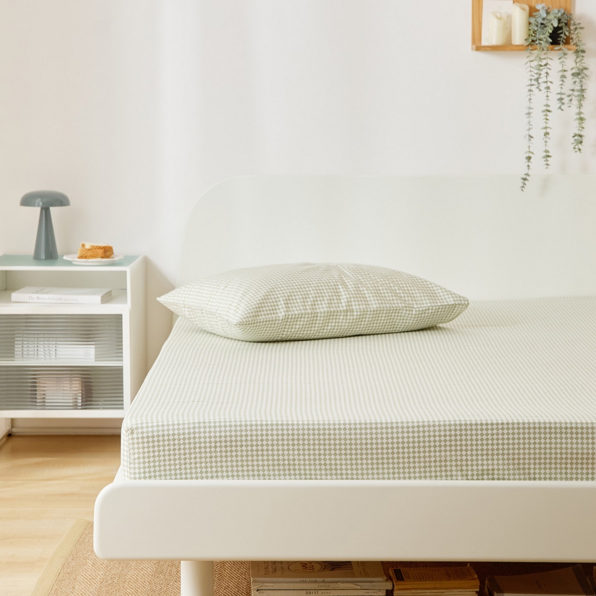 91家纺网 家纺一手货源 找家纺 EH家居 2025新款全棉小清新印花单床笠-织光系列 青色小格