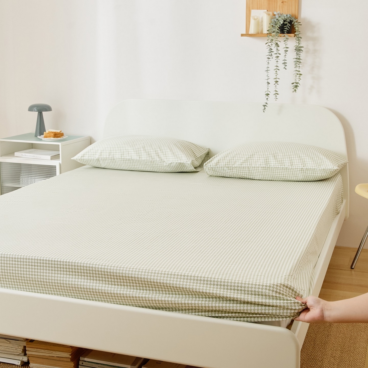 91家纺网 家纺一手货源 找家纺 EH家居 2025新款全棉小清新印花单床笠-织光系列 青色小格