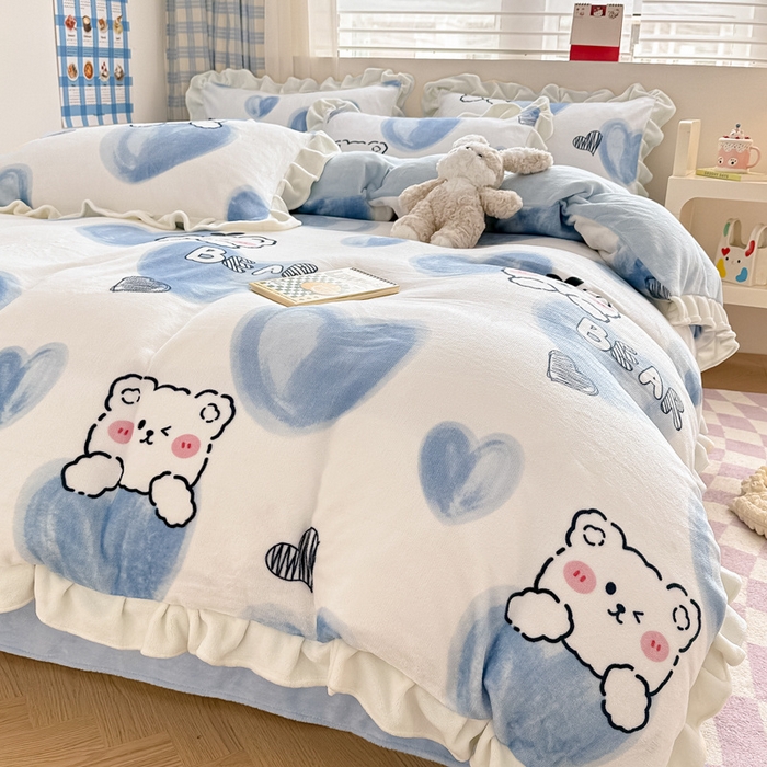 91家纺网 家纺一手货源 找家纺 懒猫家纺 2025新款韩版牛奶绒四件套 可爱熊