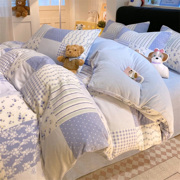 佰亿莱 2025直播新款印花小清新法莱绒牛奶绒四件套百福蓝