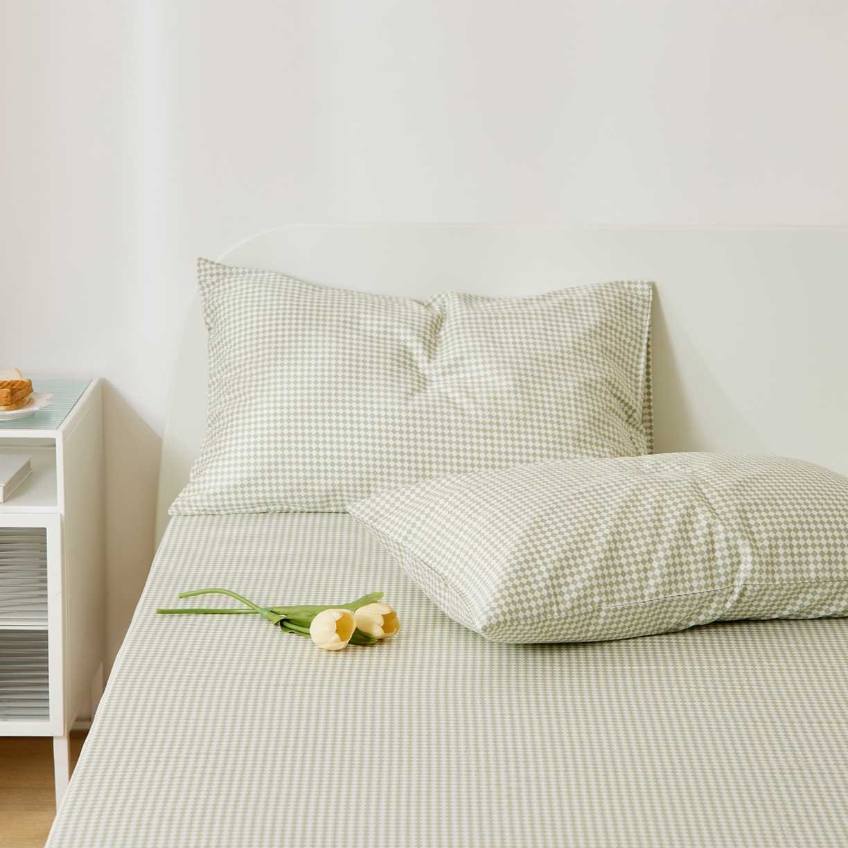 91家纺网 家纺一手货源 找家纺 EH家居 2025新款全棉小清新印花单枕套-织光系列 青色小格