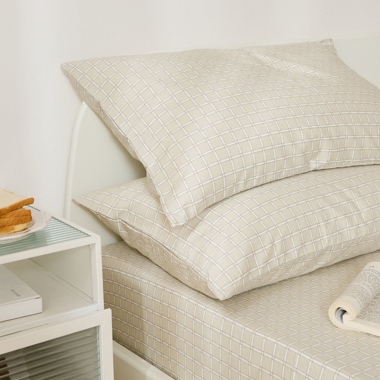 91家纺网 家纺一手货源 找家纺 EH家居 2025新款全棉小清新印花单枕套-织光系列 茶茶方格