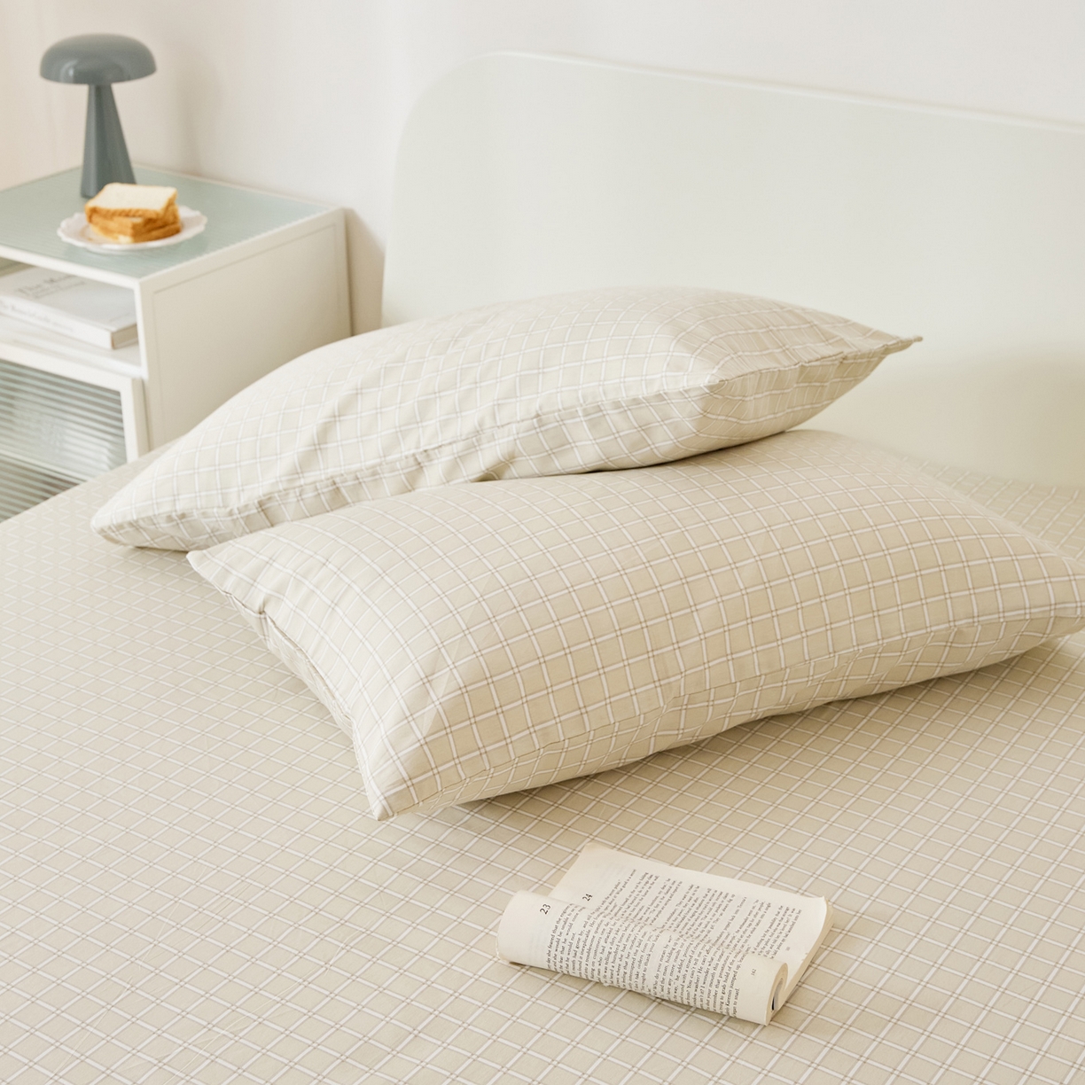 91家纺网 家纺一手货源 找家纺 EH家居 2025新款全棉小清新印花单枕套-织光系列 茶茶方格