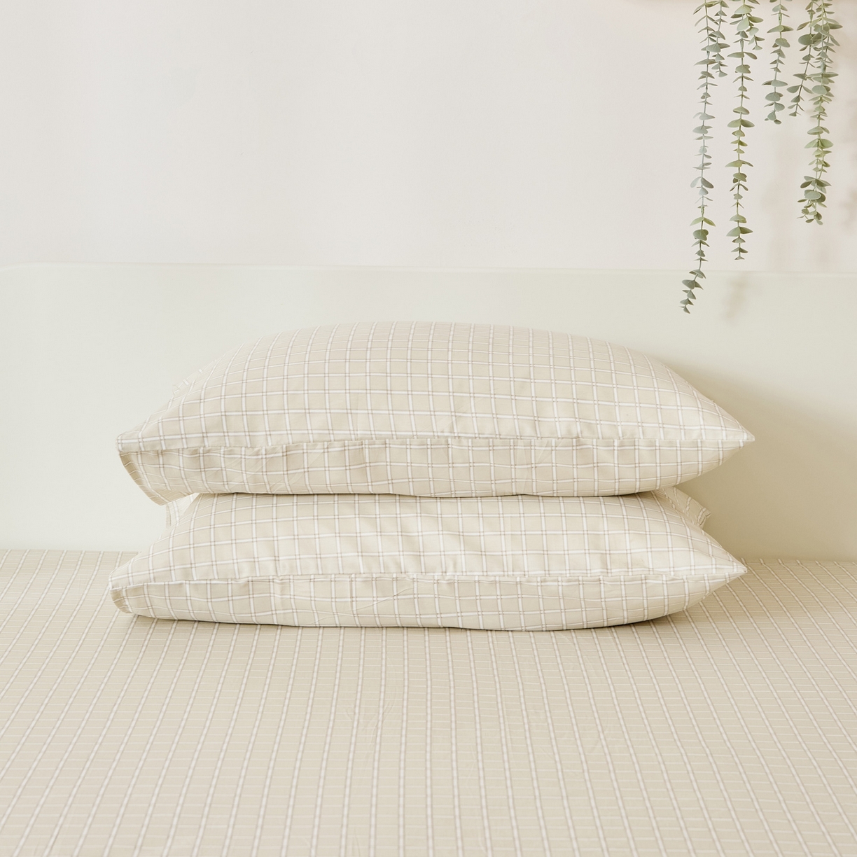 EH家居 2025新款全棉小清新印花单枕套-织光系列 茶茶方格