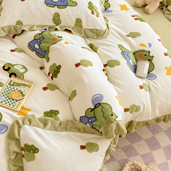 91家纺网 家纺一手货源 找家纺 懒猫家纺 2025新款韩版牛奶绒四件套 泡泡恐龙