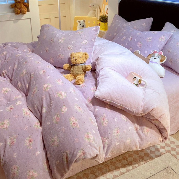 佰亿莱 2025直播新款印花小清新法莱绒牛奶绒四件套瑾紫花