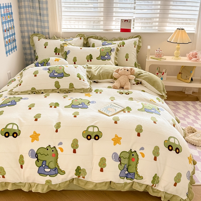 91家纺网 家纺一手货源 找家纺 懒猫家纺 2025新款韩版牛奶绒四件套 泡泡恐龙