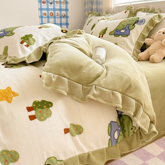 91家纺网 家纺一手货源 找家纺 懒猫家纺 2025新款韩版牛奶绒四件套 泡泡恐龙