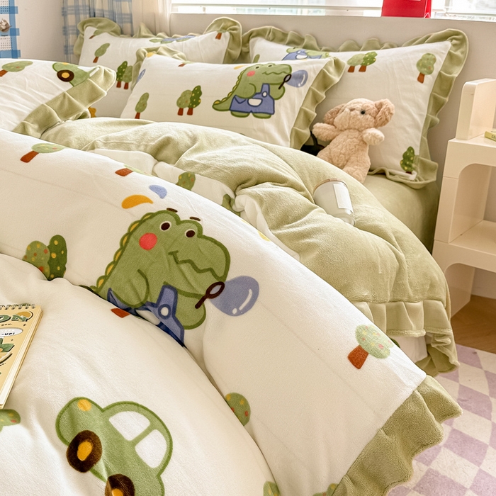 91家纺网 家纺一手货源 找家纺 懒猫家纺 2025新款韩版牛奶绒四件套 泡泡恐龙