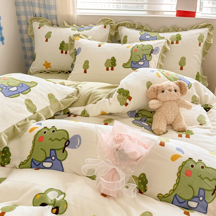 91家纺网 家纺一手货源 找家纺 懒猫家纺 2025新款韩版牛奶绒四件套 泡泡恐龙