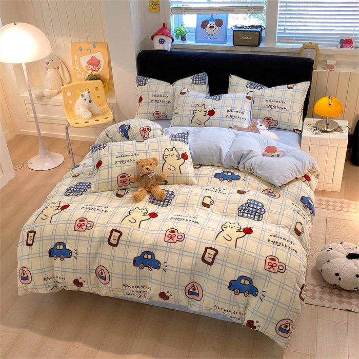 91家纺网 家纺一手货源 找家纺 佰亿莱 2025直播新款印花小清新法莱绒牛奶绒四件套猫咪酱