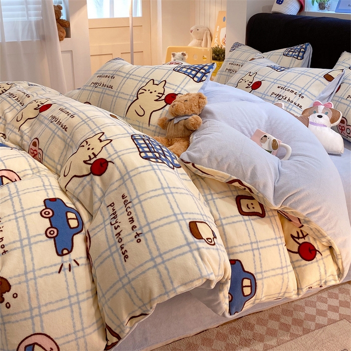 91家纺网 家纺一手货源 找家纺 佰亿莱 2025直播新款印花小清新法莱绒牛奶绒四件套猫咪酱