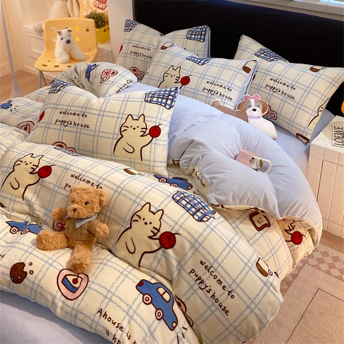 91家纺网 家纺一手货源 找家纺 佰亿莱 2025直播新款印花小清新法莱绒牛奶绒四件套猫咪酱