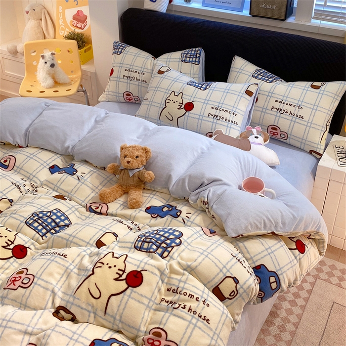 91家纺网 家纺一手货源 找家纺 佰亿莱 2025直播新款印花小清新法莱绒牛奶绒四件套猫咪酱