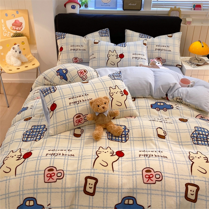 91家纺网 家纺一手货源 找家纺 佰亿莱 2025直播新款印花小清新法莱绒牛奶绒四件套猫咪酱