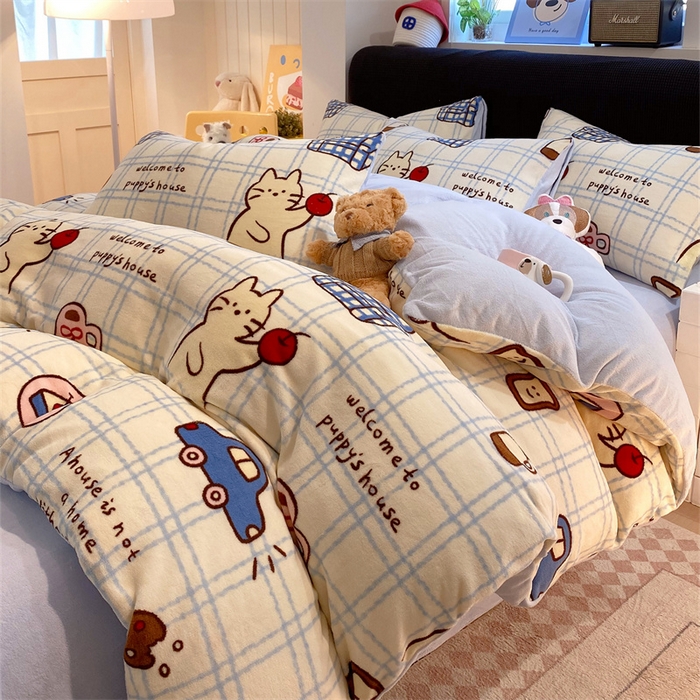 91家纺网 家纺一手货源 找家纺 佰亿莱 2025直播新款印花小清新法莱绒牛奶绒四件套猫咪酱