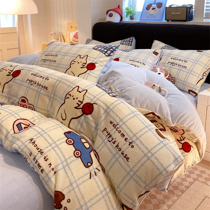 91家纺网 家纺一手货源 找家纺 佰亿莱 2025直播新款印花小清新法莱绒牛奶绒四件套猫咪酱