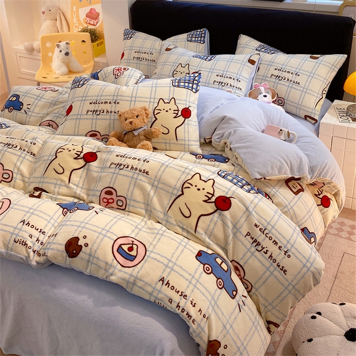 91家纺网 家纺一手货源 找家纺 佰亿莱 2025直播新款印花小清新法莱绒牛奶绒四件套猫咪酱