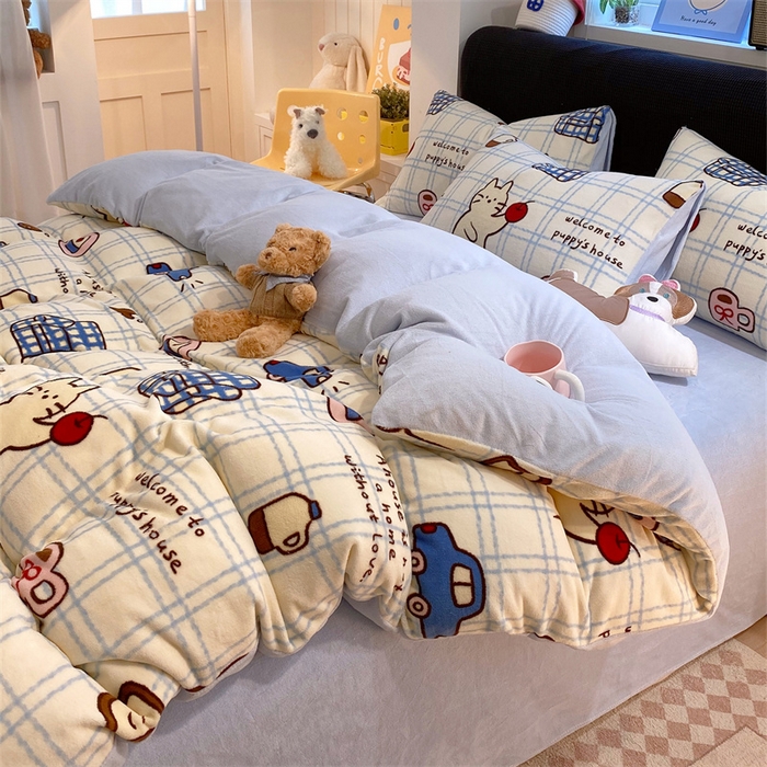 91家纺网 家纺一手货源 找家纺 佰亿莱 2025直播新款印花小清新法莱绒牛奶绒四件套猫咪酱