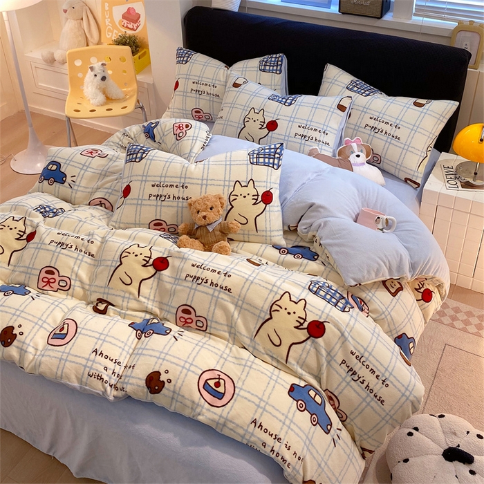 91家纺网 家纺一手货源 找家纺 佰亿莱 2025直播新款印花小清新法莱绒牛奶绒四件套猫咪酱