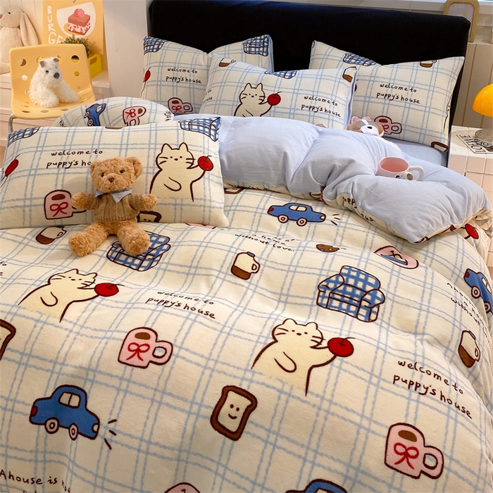 91家纺网 家纺一手货源 找家纺 佰亿莱 2025直播新款印花小清新法莱绒牛奶绒四件套猫咪酱