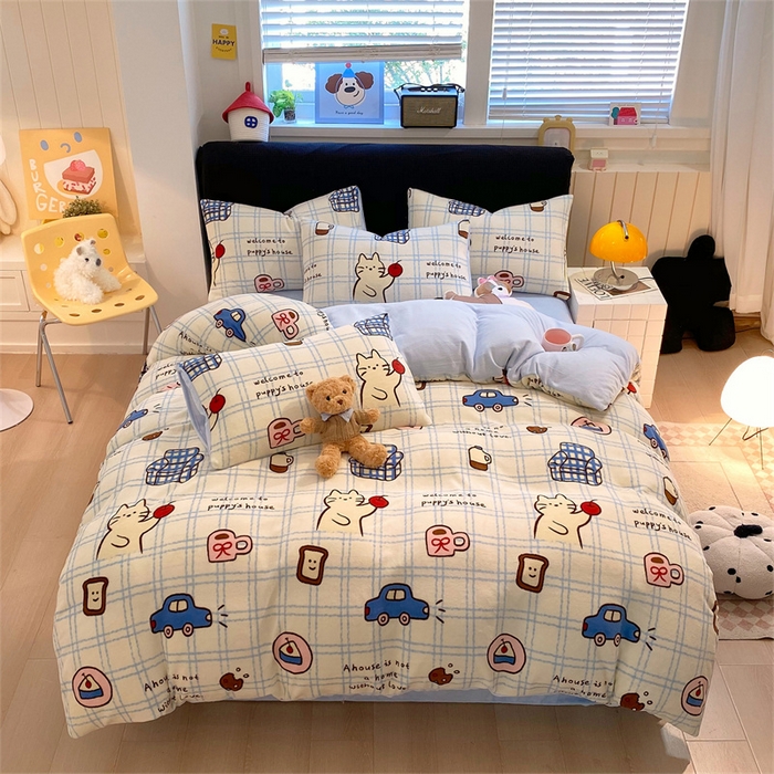 91家纺网 家纺一手货源 找家纺 佰亿莱 2025直播新款印花小清新法莱绒牛奶绒四件套猫咪酱