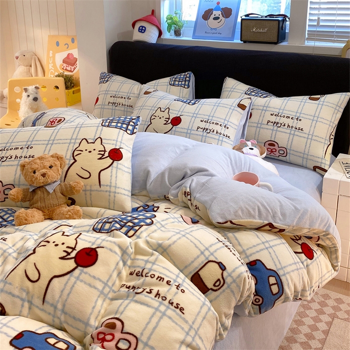 91家纺网 家纺一手货源 找家纺 佰亿莱 2025直播新款印花小清新法莱绒牛奶绒四件套猫咪酱