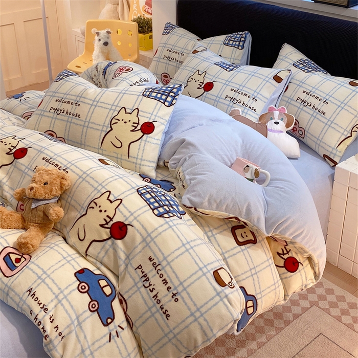 91家纺网 家纺一手货源 找家纺 佰亿莱 2025直播新款印花小清新法莱绒牛奶绒四件套猫咪酱