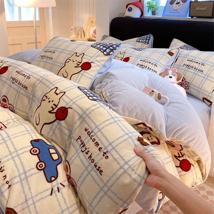 91家纺网 家纺一手货源 找家纺 佰亿莱 2025直播新款印花小清新法莱绒牛奶绒四件套猫咪酱