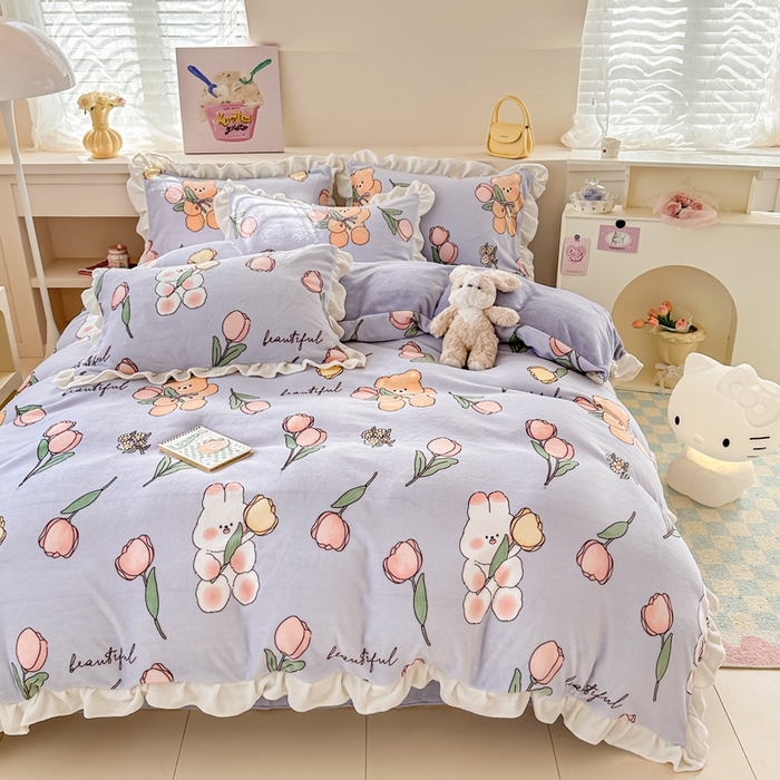 91家纺网 家纺一手货源 找家纺 懒猫家纺 2025新款韩版牛奶绒四件套 捧花小兔