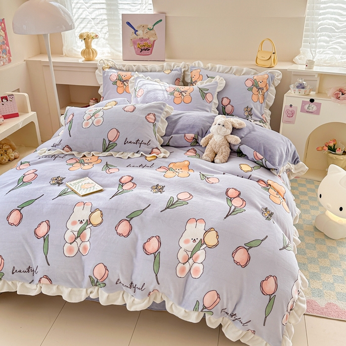 91家纺网 家纺一手货源 找家纺 懒猫家纺 2025新款韩版牛奶绒四件套 捧花小兔