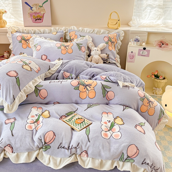 91家纺网 家纺一手货源 找家纺 懒猫家纺 2025新款韩版牛奶绒四件套 捧花小兔