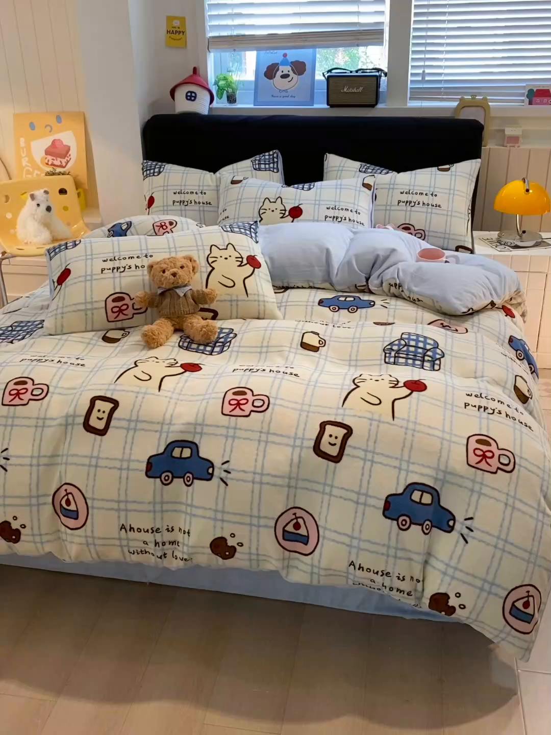 91家纺网 家纺一手货源 找家纺 佰亿莱 2025直播新款印花小清新法莱绒牛奶绒四件套猫咪酱