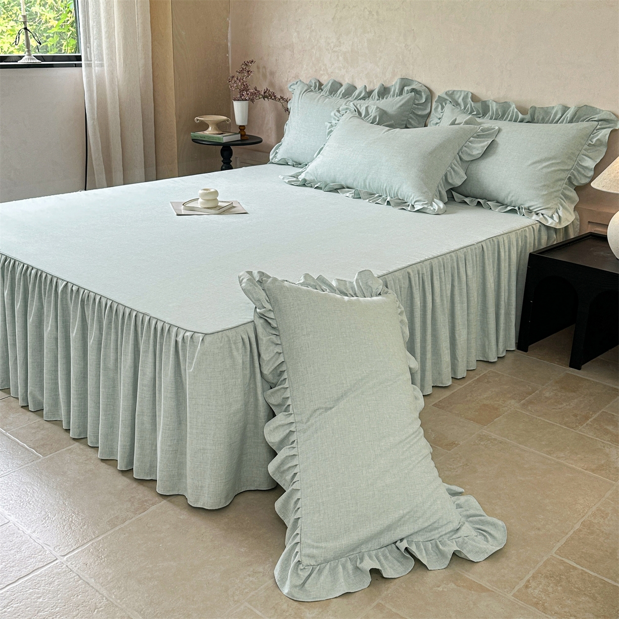 91家纺网 家纺一手货源 找家纺 （总）忘忧草 2025新款纯色色织芙蓉棉单床裙-维密系列