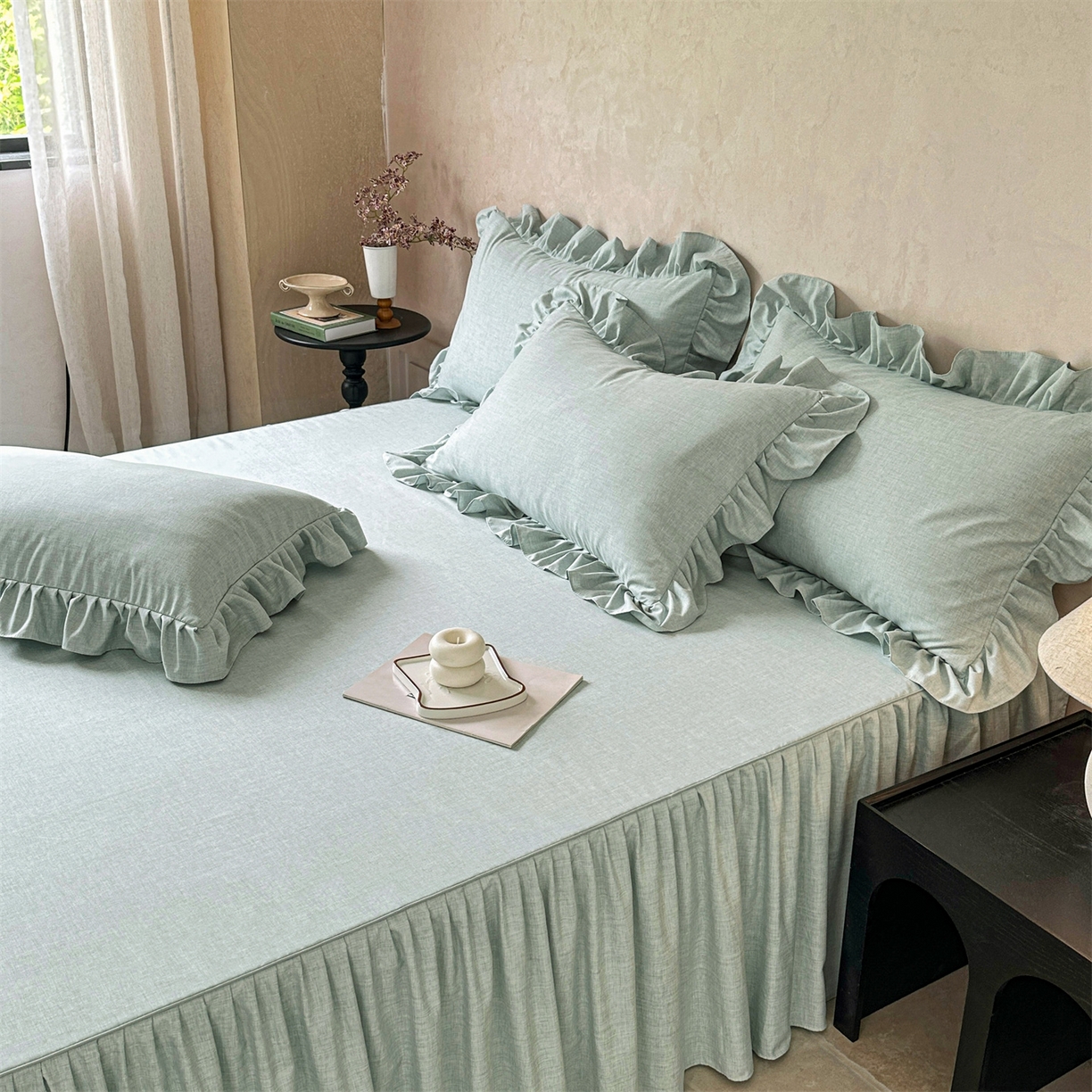 91家纺网 家纺一手货源 找家纺 （总）忘忧草 2025新款纯色色织芙蓉棉单床裙-维密系列