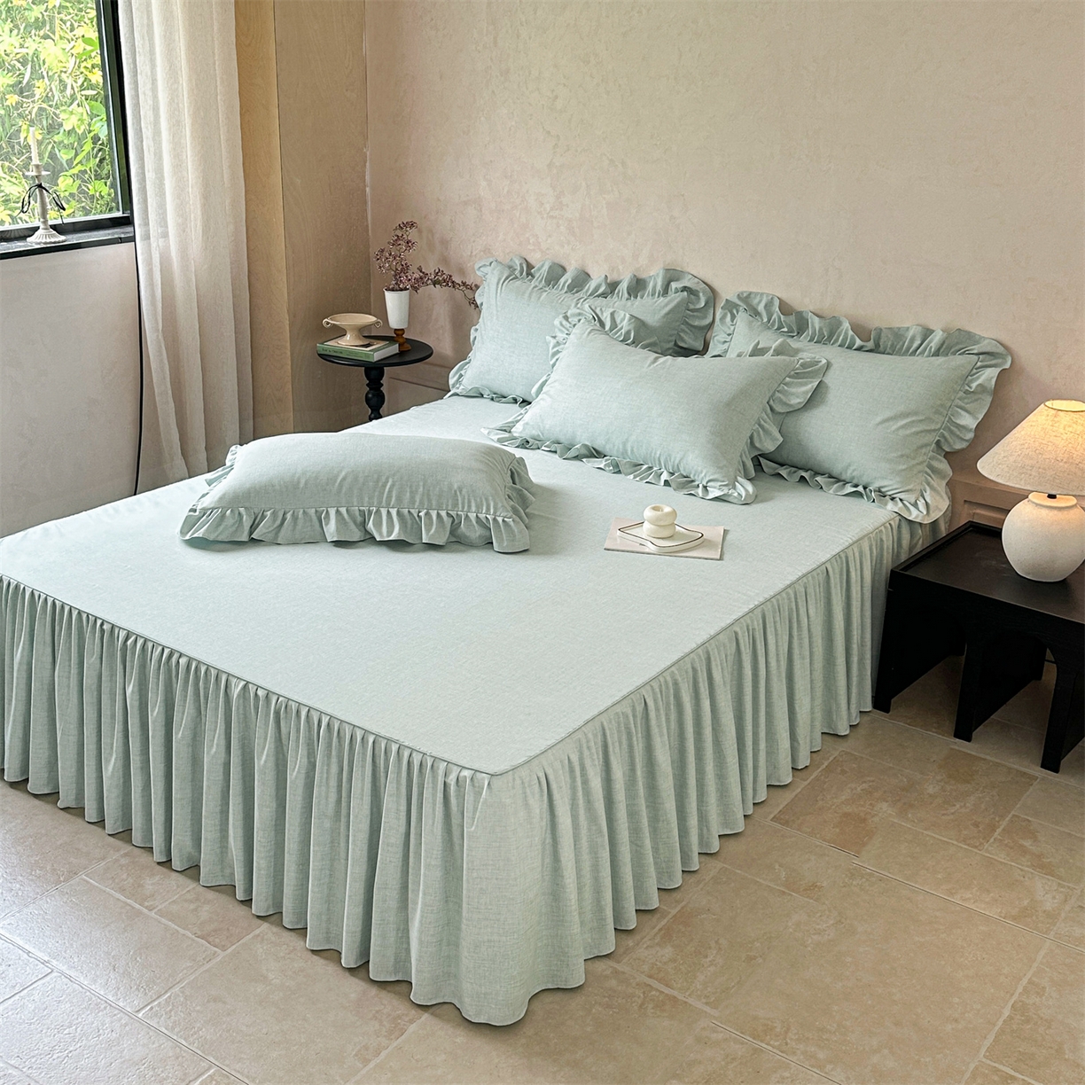 91家纺网 家纺一手货源 找家纺 忘忧草 2025新款纯色色织芙蓉棉单床裙-维密系列 维密-薄荷绿