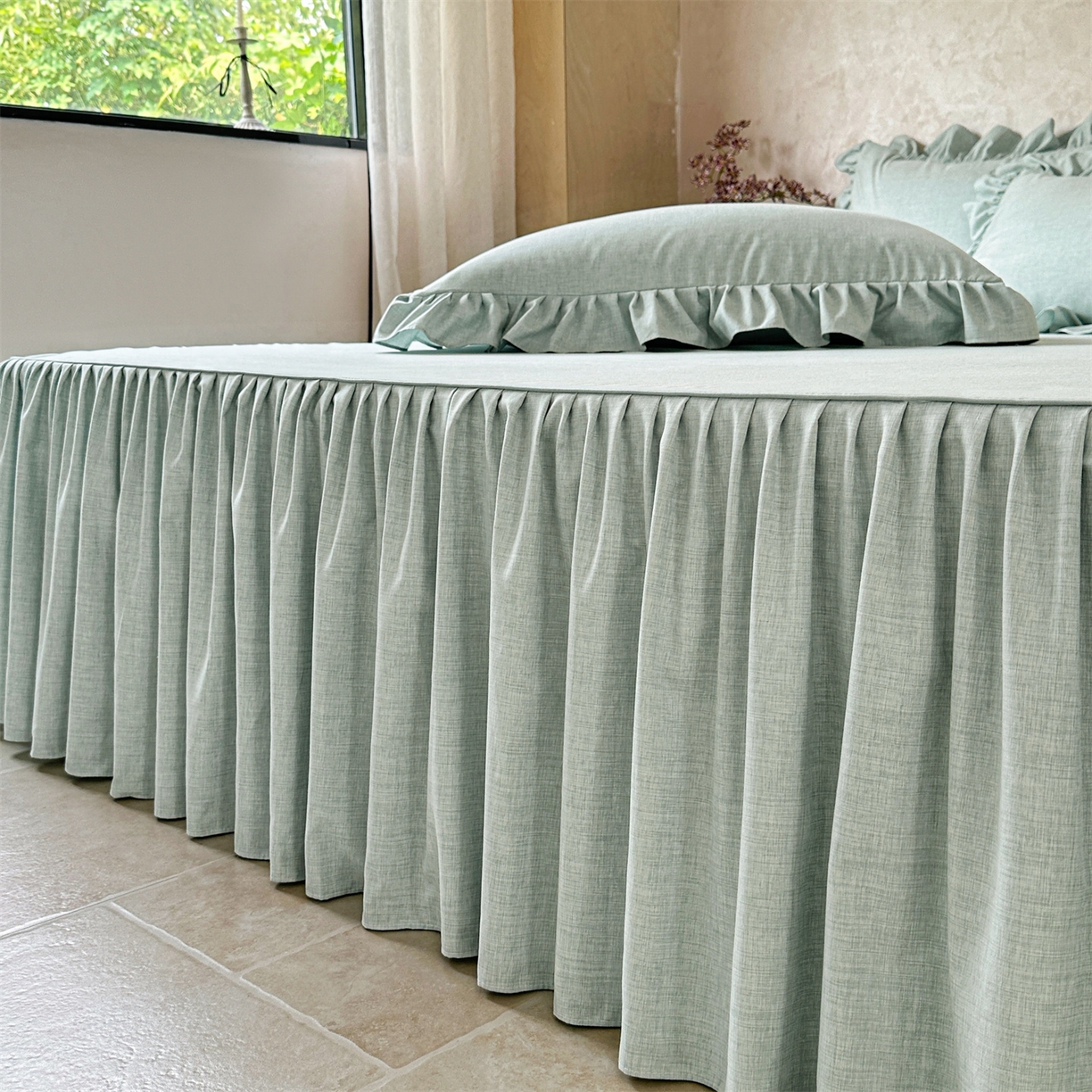 91家纺网 家纺一手货源 找家纺 忘忧草 2025新款纯色色织芙蓉棉单床裙-维密系列 维密-薄荷绿