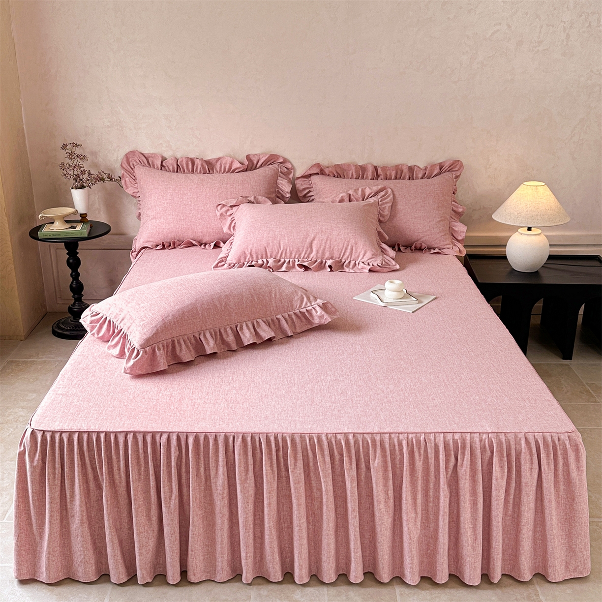 91家纺网 家纺一手货源 找家纺 忘忧草 2025新款纯色色织芙蓉棉单床裙-维密系列 维密-青春粉