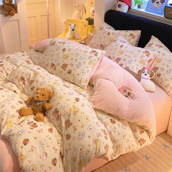 91家纺网 家纺一手货源 找家纺 佰亿莱 2025直播新款印花小清新法莱绒牛奶绒四件套汪仔乐园