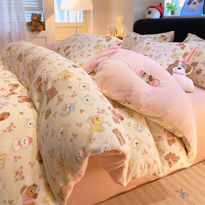 佰亿莱 2025直播新款印花小清新法莱绒牛奶绒四件套汪仔乐园