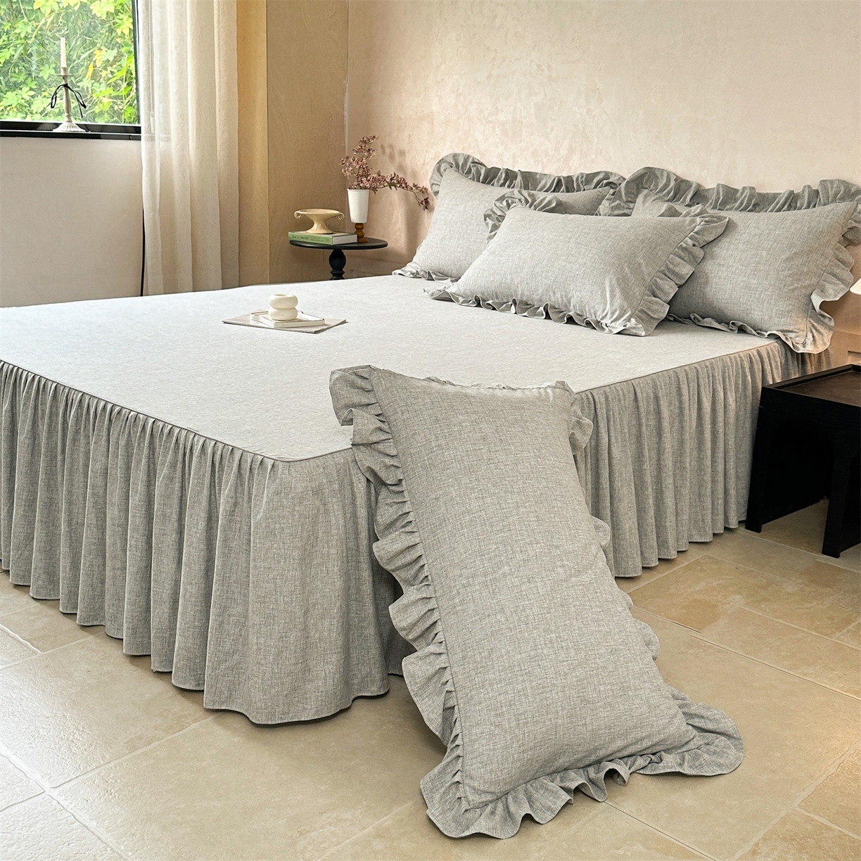 91家纺网 家纺一手货源 找家纺 忘忧草 2025新款纯色色织芙蓉棉单床裙-维密系列 维密-沉稳灰