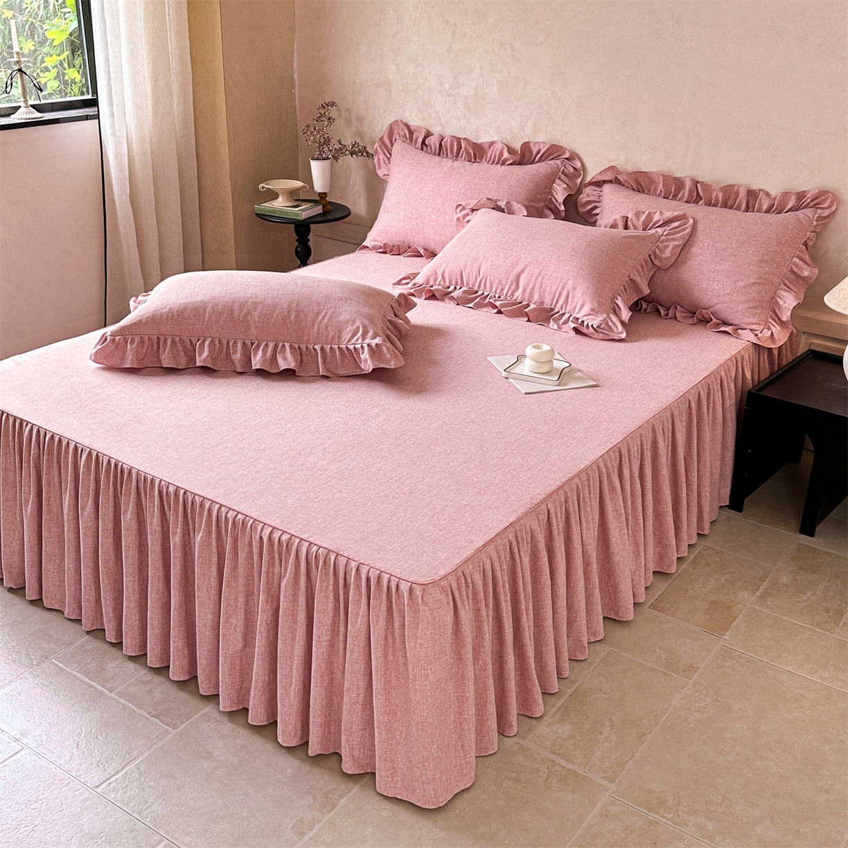 91家纺网 家纺一手货源 找家纺 忘忧草 2025新款纯色色织芙蓉棉单床裙-维密系列 维密-青春粉