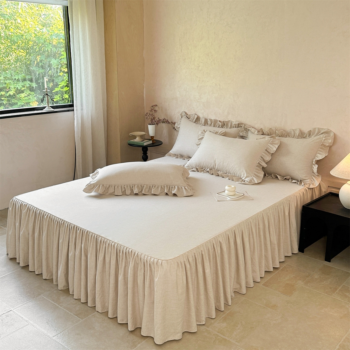 91家纺网 家纺一手货源 找家纺 忘忧草 2025新款纯色色织芙蓉棉单床裙-维密系列 维密-香槟米