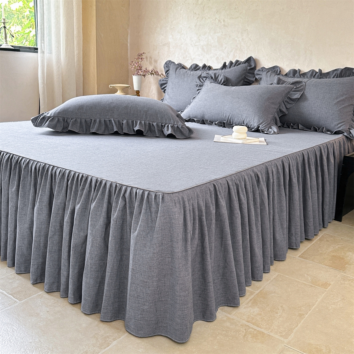 91家纺网 家纺一手货源 找家纺 忘忧草 2025新款纯色色织芙蓉棉单床裙-维密系列 维密-藏青蓝