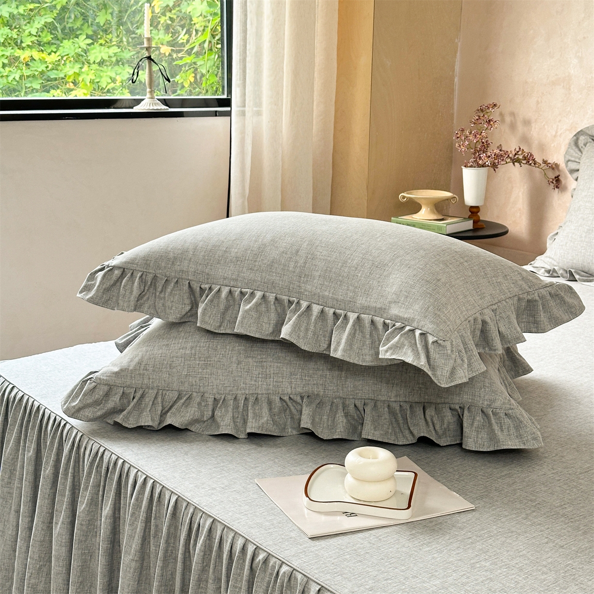 91家纺网 家纺一手货源 找家纺 忘忧草 2025新款纯色色织芙蓉棉单床裙-维密系列 维密-沉稳灰