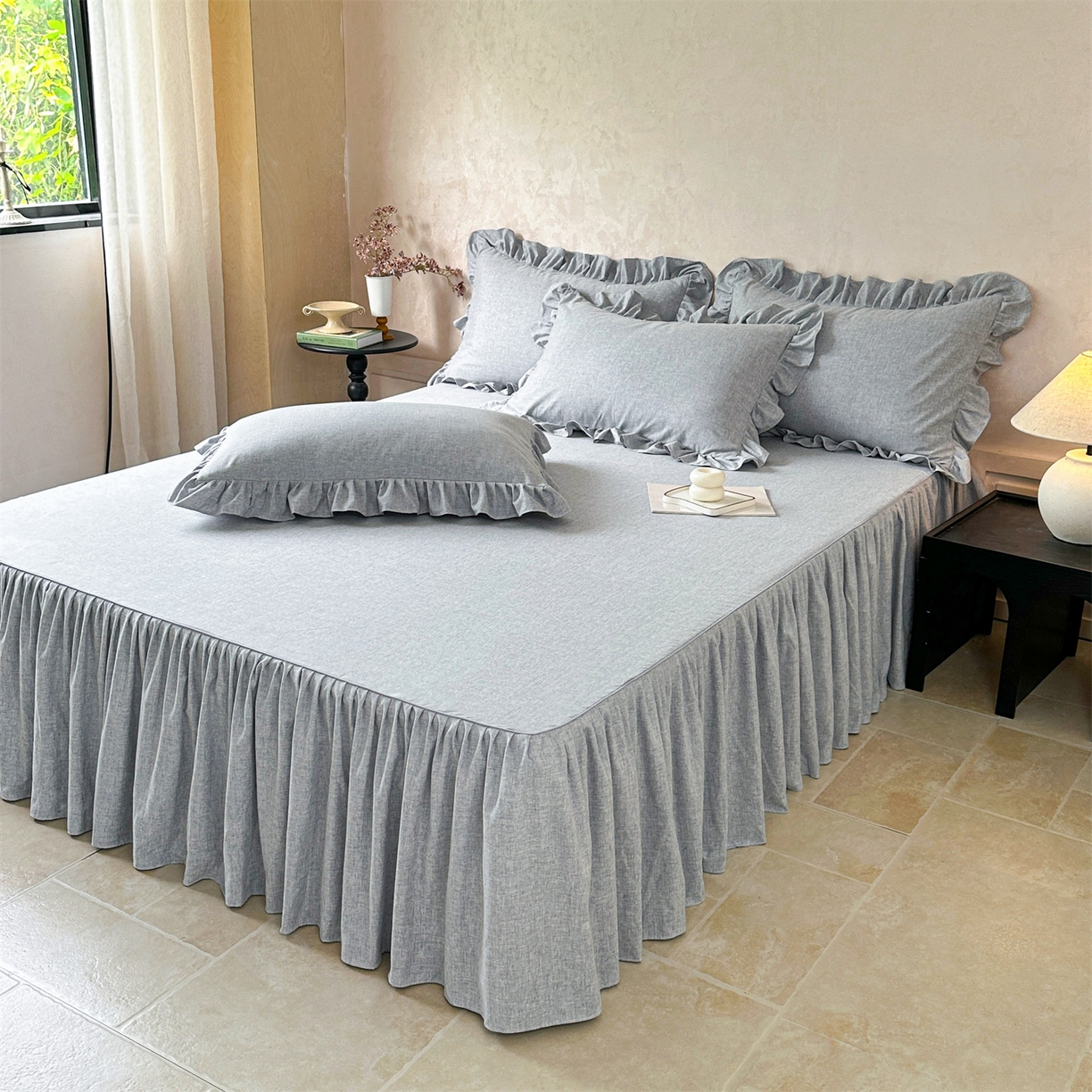 91家纺网 家纺一手货源 找家纺 忘忧草 2025新款纯色色织芙蓉棉单床裙-维密系列 维密-宁静蓝