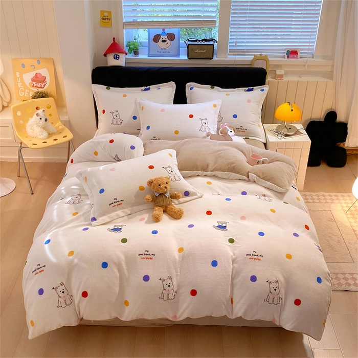 91家纺网 家纺一手货源 找家纺 佰亿莱 2025直播新款印花小清新法莱绒牛奶绒四件套波点狗