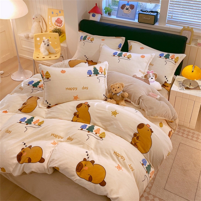 91家纺网 家纺一手货源 找家纺 佰亿莱 2025直播新款印花小清新法莱绒牛奶绒四件套快乐巴拉